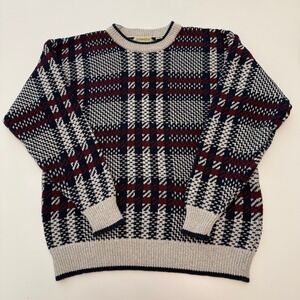 VTG St John's Bay Plaid Sweater Mens Large L 100% Cotton Knit Crew Neck
